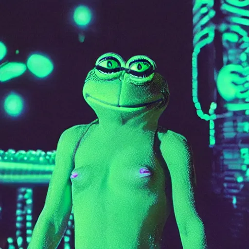 Image similar to cinematic portrait of pepe the frog as a replicant in a busy nightclub, frightened and angry, still from the movie bladerunner, fashion photography, a neon sign is in the background