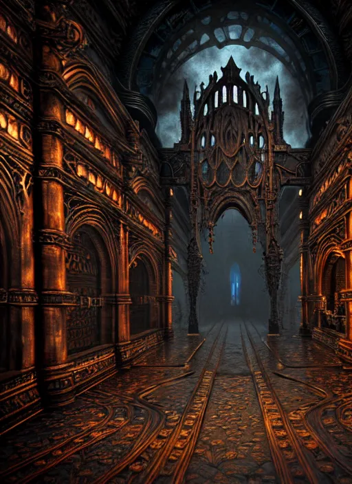 Image similar to steam necropolis, memento mori, gothic, neo - gothic, art nouveau, hyperdetailed copper patina medieval icon, stefan morrell, philippe druillet, ralph mcquarrie, concept art, steampunk, unreal engine, detailed intricate environment, octane render, moody atmospherics, volumetric lighting, ultrasharp, ominous, otherworldly