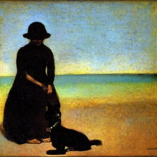 Image similar to a woman and her black chihuahua by the sea odilon redon