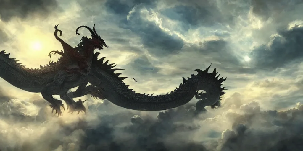 Prompt: ''giant dragon, long dragon, in the clouds, beautiful sky and sun shine, fantasy artwork, very beautiful scenery, cinematic shot, ultra detailed, by popular digital, details, beautiful art, high resolution, 8 k, artstation''