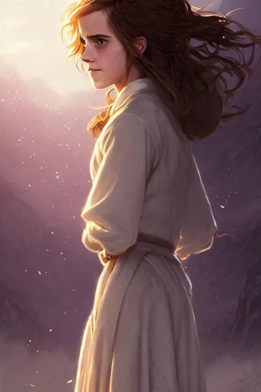 Prompt: Poster artwork, Emma Watson as Hermione Granger, wearing hogwarts!!! robes!!!, young!!!, prisoner of Azkaban, magnificent, close up, details, sharp focus, elegant, highly detailed, illustration, by Jordan Grimmer and greg rutkowski and PiNe(パイネ) and 薯子Imoko and 香川悠作 and wlop!!!! and maya takamura, intricate, beautiful, sunset!!!, Trending artstation, pixiv, digital Art