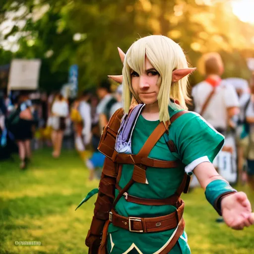 Prompt: cosplay of link from zelda at summer comiket 2 0 1 9, golden hour, 4 k, bad vibes