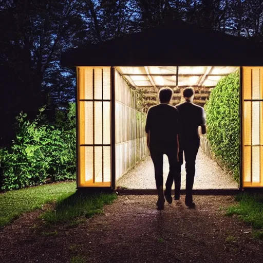 Image similar to A dark photo of two men in a garden at night walking towards a small wooden garden shed