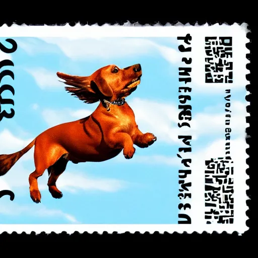 Image similar to sausage dog riding a griffon, through the clouds on a postage stamp, artistic rendering, 4 k high rez, abstract design, stary night sky