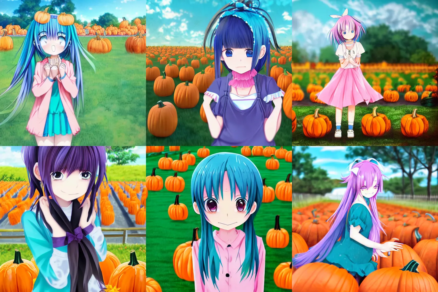 Image similar to anime girl with teal hair, wearing a pink headband, happy face, sharp focus, pumpkin farm background, background blurred, kyo ani, anime art