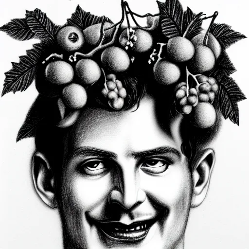 Prompt: portrait of smiling god dionysus with leaves and grape in his hair, tom finland, pencil drawing
