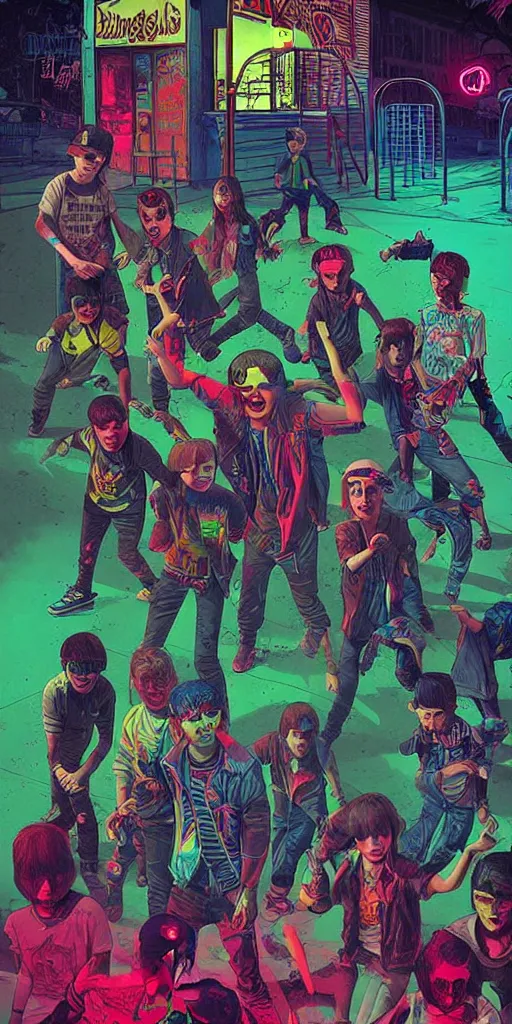 Image similar to young punk rockers fighting against zombies at the playground, by baseball bat in the retro wave stranger things style, neon colors, hyper detailed, digital art, cinematic lighting, concept art by artgerm and greg rutkowski and caravaggio and moebius and jakub rebelka