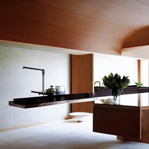 Prompt: “extravagant luxury modern kitchen, interior design, natural materials, fresh flowers in a vase, a fruit bowl, by Tadao Ando and Koichi Takada”