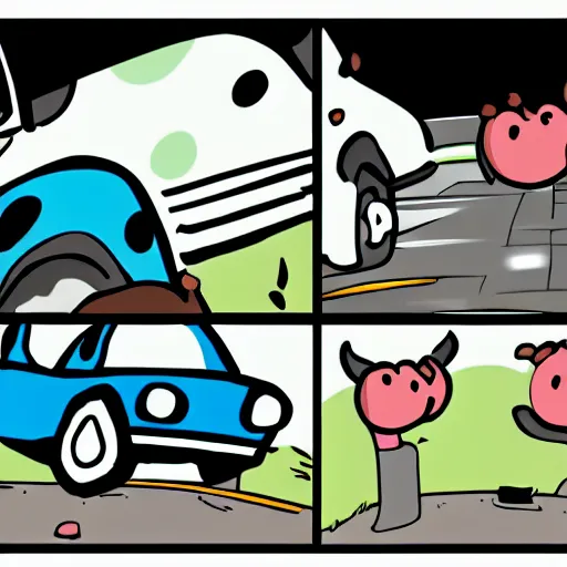 Prompt: cow driving a car, comics style, 4 k