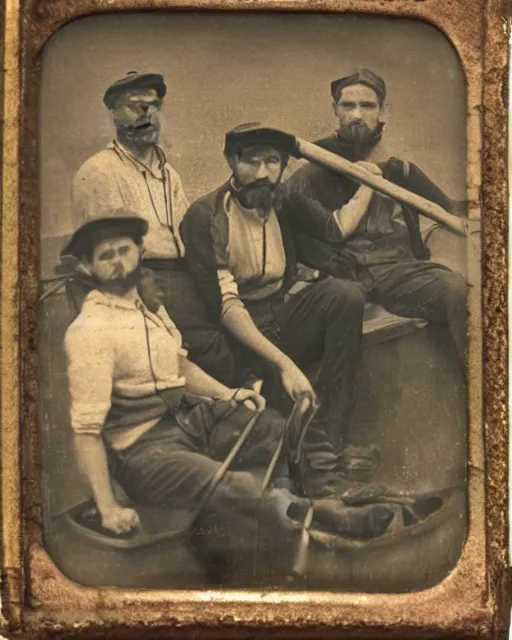 Image similar to tintype of four 19th century sailors stranded at sea in a small rowboat, photorealistic