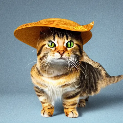 Image similar to hyperrealistic, cute feisty expressive tabby cat with a sombrero tucking, highly detailed, hyper detail, cottagecore!!, well lit, dynamic pose