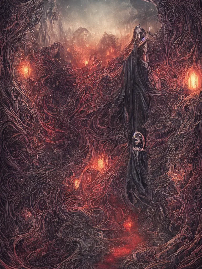 Image similar to rich deep colors, an intricate and detailed illustration of the grim reaper, guarding the gate to the underworld, by anna dittmann, trending on art station, intricate detail, highly detailed, atmospheric, hades, octane, colors