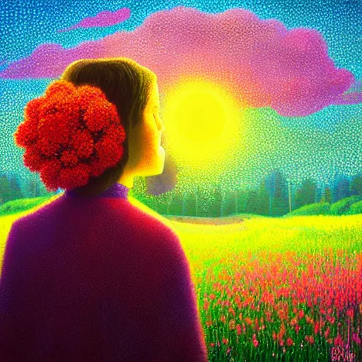 Image similar to girl with giant flower as a face, flower field, big trees, sunrise dramatic light, impressionist painting, colorful clouds, digital painting, pointillism, artstation, simon stalenhag