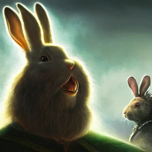 Image similar to hyper realistic, lord of the rings, portrait of a mega derpy john candy, big chungus, with bunny ears, stoned, by greg rutkowski, scott m fischer, artgerm, loish, slight glow, atmospheric, anne stokes, alexandros pyromallis