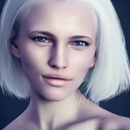 Image similar to portrait of a female human with white skin, white hair, white eyes without pupils, slightly - pointed ears, short wavy hair, eyebrow scar, trending on artstation, ethereal, gentle smile, friendly, glowing, angled