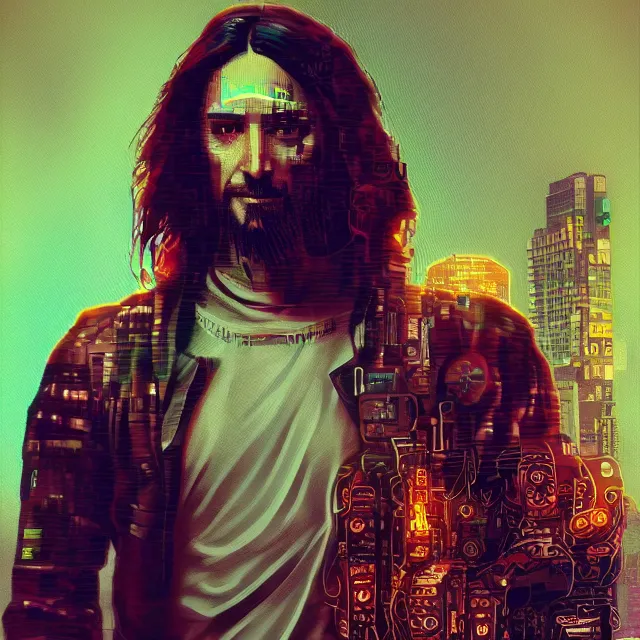 Prompt: glitch art of cyberpunk jesus h. christ trending on artstation deviantart pinterest photorealistic hd 8 k highlights and shadow detailed high resolution