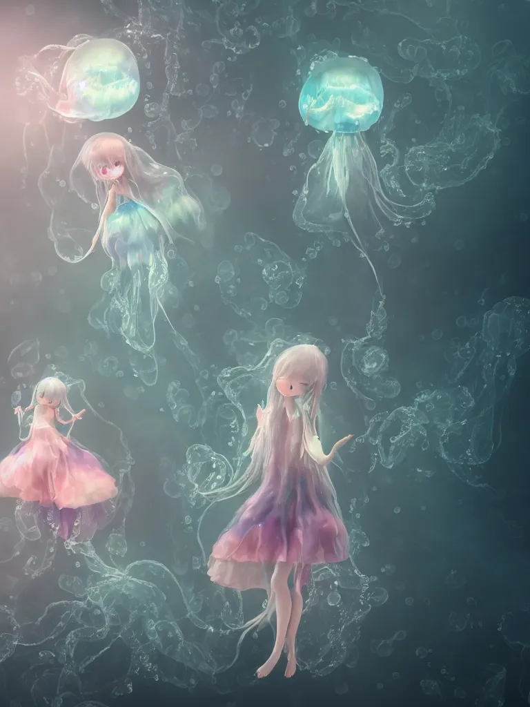 Image similar to cute fumo plush of an otherworldly translucent jellyfish goth girl floating in the deep sea, mysterious tattered maiden tendrils and dress, anime, heavy rain reflective water surface, glowing lens flare wraith girl, wisps of volumetric fog and smoke in refracted vortices, vignette, bokeh, vray