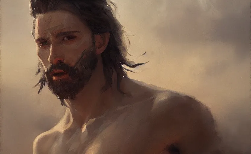 Prompt: a painting of the all father trending on artstation in the style of greg rutkowski, beautiful, young male, sensual, wise, natural skin, leader, 1 9 0 0 s, industrialization, loin cloth