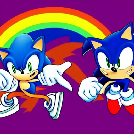 Image similar to Sonic fighting a t-rex on a rainbow