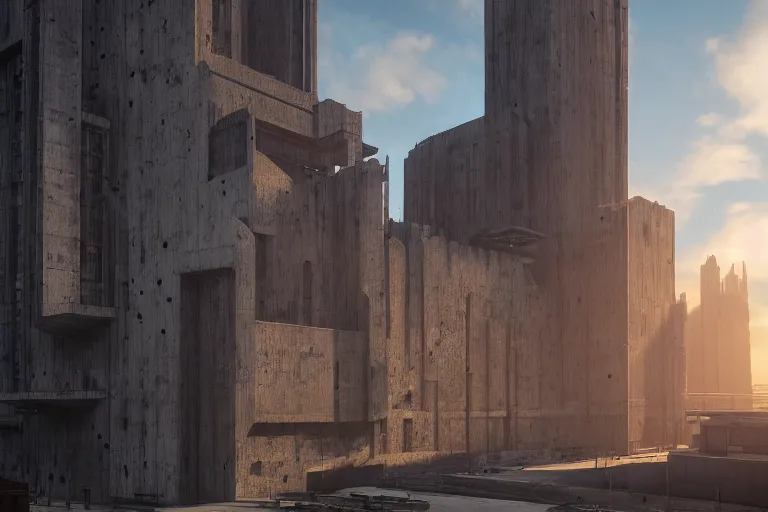 Image similar to extremely detailed cathedral of brutalist architecture, stunning volumetric light, sunset, metal, concrete and translucent material, stunning skies, trending on Artstation, 8k, photorealistic, hyper detailed, unreal engine 5, IMAX quality, cinematic, epic lighting, in the style of Greg Rutkowski