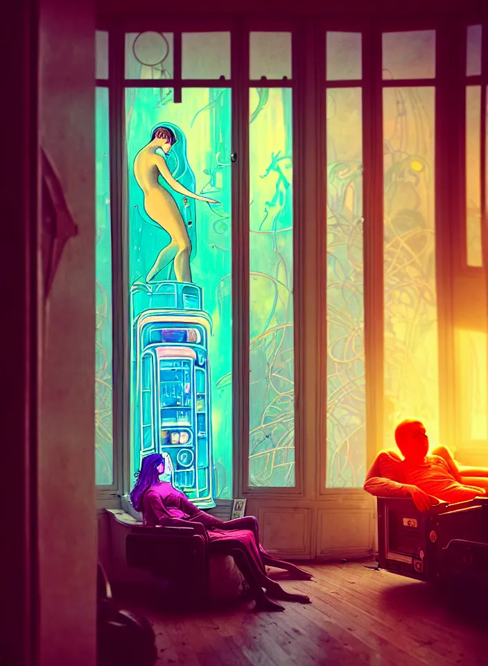 Image similar to telephoto 7 0 mm f / 2. 8 iso 2 0 0 photograph depicting the feeling of chrysalism in a cosy safe cluttered french sci - fi ( ( art nouveau ) ) cyberpunk apartment in a pastel dreamstate art cinema style. ( person relaxing living room near ) ( ( fish tank ) ), ambient light.