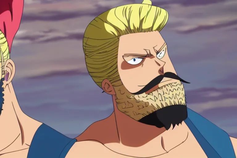 Prompt: A still of a blonde bearded large man with a man bun in One Piece Anime Series, 4k Resolution.