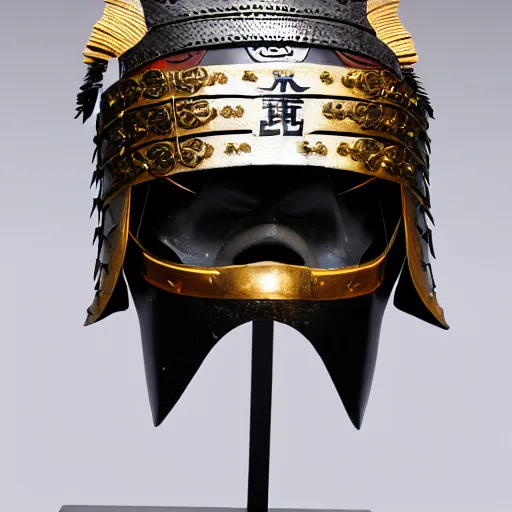 Image similar to japanese samurai helmet, intricate detail, full shot, museum lighting, ultra detailed,