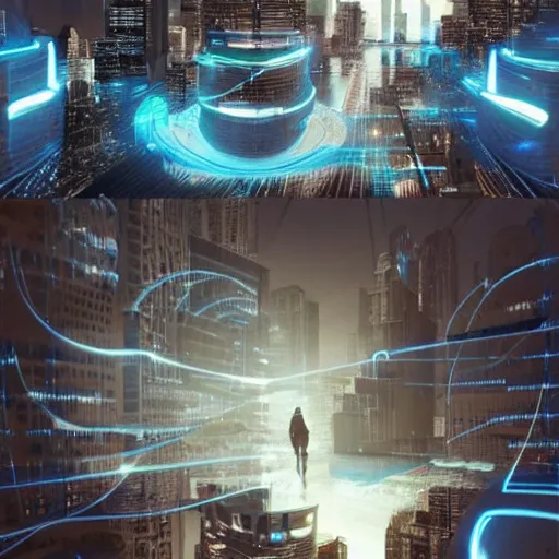 Prompt: a futuristic city is a place where technology has advanced to a point where people have access to everything they need. there are no longer any natural boundaries between humans and machines. people live their lives in virtual reality, and interact with each other via holograms. ultrarealistic 1 5 0 mpx