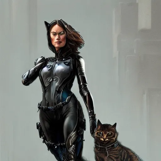 Image similar to full figure ultra realistic illustration, olivia wilde as an older and rugged catwoman, terraformed new york city, post - apocalyptic, intricate, elegant, highly detailed, digital painting, artstation, concept art, smooth, sharp focus, illustration, art by artgerm and greg rutkowski and alphonse mucha