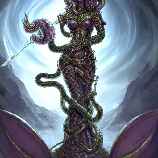 Prompt: torquoise armored medusa holding a spear, snake hair, snake hair, snake hair, medusa, medusa!, pillars background with ruined and statues, fantasy game art, fantasy rpg, league of legends