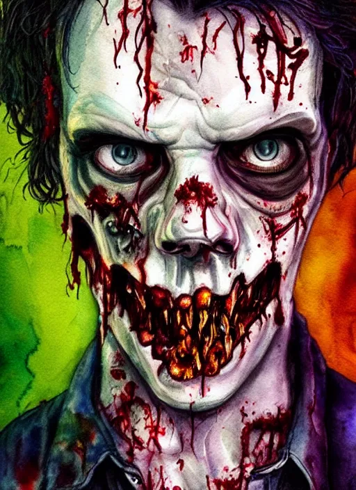 Image similar to zombie hollywood professional acting headshot, david dennis, intricate detailed, studio lighting, charming expression gesicht, hauntingly beautiful zombie, watercolor art, drawn and painted, colored layers, dulled contrast, exquisite fine art, splatterpaint