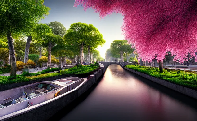 Prompt: highly detailed sharp city morning light cinematic composition of a smooth ceramic porcelain canal bridge biophilic magnolia stone nebula fluid sci - fi surreal colorful flowers architecture landscape, granite, trees, marble, moss, lichen, fungi, vincent callebaut composition, mamou - mani, archviz, 8 k, unreal engine, hdr