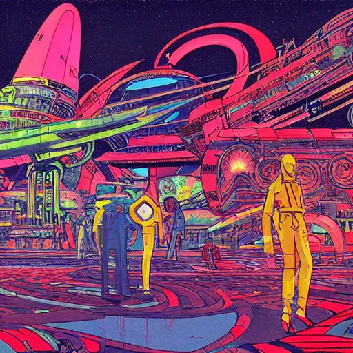 Prompt: a vibrant science fiction 7 0's scifi art scene by jinsei choh, highly detailed, remodernism, cel - shaded, colored screentone, digitally enhanced.