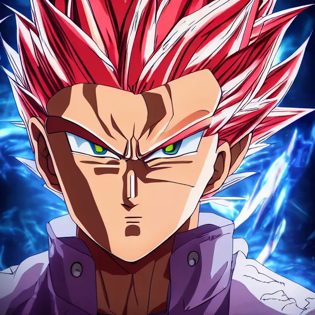 Image similar to aesthetic anime man goes super saiyan in the style of jojo's bizarre adventure, ultrafine hyperrealistic detailed face illustration by kim jung gi, irakli nadar, intricate linework, sharp focus, bright colors, matte, octopath traveler, final fantasy, unreal engine highly rendered, global illumination, radiant light, intricate rainbow environment
