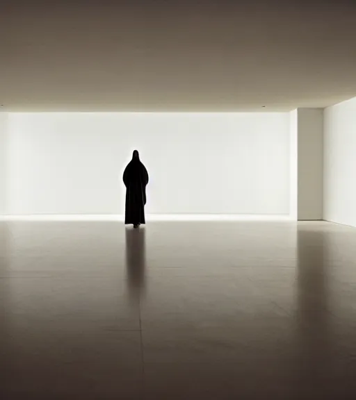 Image similar to Jesus in a white empty room, film still from the movie directed by Denis Villeneuve with art direction by Salvador Dalí, wide lens