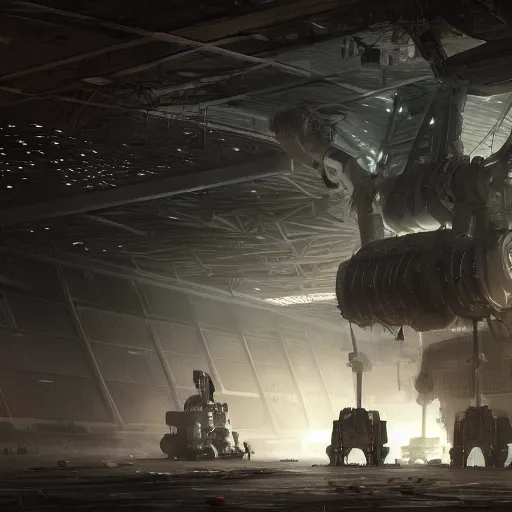 Prompt: a photorealistic 3D artwork of a huge mech standing inside a moody, cluttered hangar of a sci fi space station, 8K image, trending on art station, award winning sci fi work