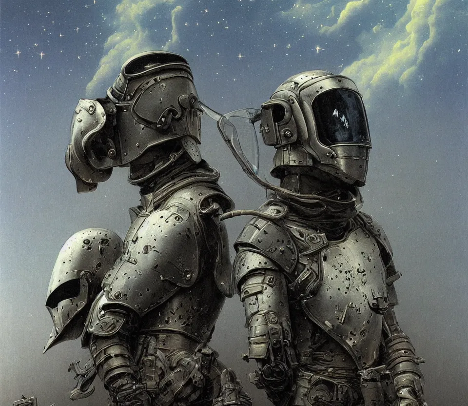 Prompt: a detailed portrait painting of a bounty hunter in combat armour and visor. Smoke. cinematic sci-fi poster. Cloth and metal. Flight suit, accurate anatomy portrait symmetrical, plague doctor. science fiction theme with lightning, aurora lighting clouds and stars. Futurism by beksinski carl spitzweg moebius and tuomas korpi. baroque elements. baroque element. intricate artwork by caravaggio. Oil painting. Trending on artstation. 8k