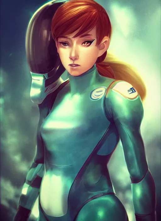 Image similar to beautiful portrait of a stunning pilot who looks like Zero Suit Samus , character design by Ross Tran, detailed, soft lighting