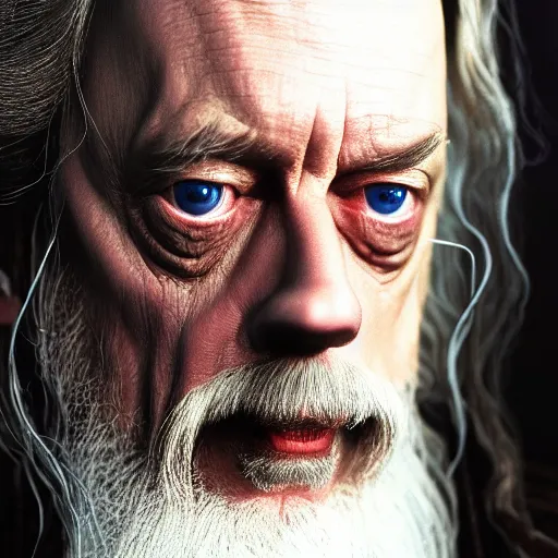 Prompt: portrait of Steve buscemi as Gandalf. Peter Jackson, lord of the rings, return of the king. cinematic, high detail, photography, 8k, iridescent accents