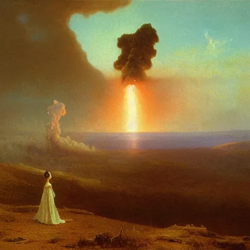 Prompt: beautiful young woman looking at giant nuclear explosion, artwork by Bierstadt, Albert