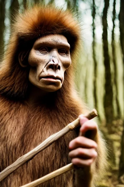 Image similar to a professional portrait photo of a neanderthal woman in the forest in winter holding a spear, dirt on face, black stripe painted side to side across her eyes, ginger hair and fur, extremely high fidelity, natural lighting, still from the movie clan of the cave bear