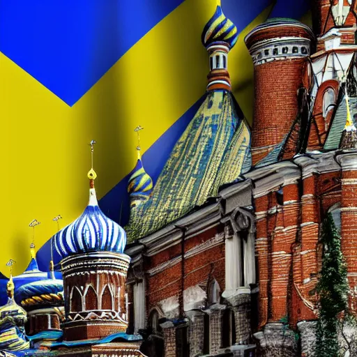 Image similar to A historic photo of Kremlin with Ukrainian flags, 4k, award-winning