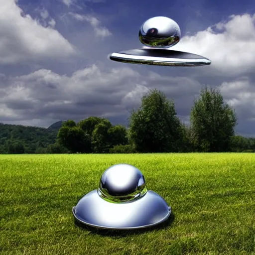 Image similar to a realistic chrome ufo landed on a field, green hills, summer day, beautiful, blue skies