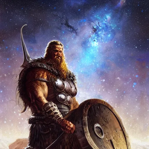 Image similar to photoreal full body of a hulking viking warrior in scifi armour on a rocky planet, nebula milky way background, by norman rockwell and boris vallejo, artstation, concept character art