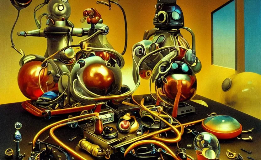 Image similar to strange seductive futuristic robot body, enticing colorful oil painting dutch golden age vanitas still life sparse composition with bulbous objects strange gooey transparent surfaces shiny metal reflections bizarre mutant meat insects rachel ruysch dali todd schorr very detailed perfect composition rule of thirds masterpiece canon 5 0 mm, cinematic lighting, photography, retro, film, kodachrome