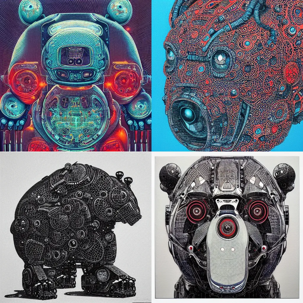 Prompt: “a giant mechanical bear robot with red laser eyes, oil dotwork on canvas by James Jean, color”
