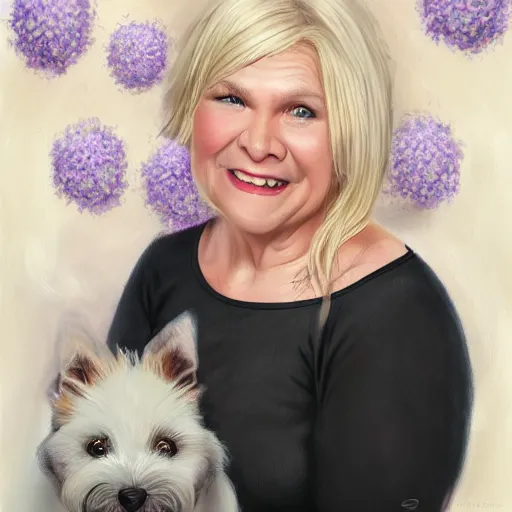 Prompt: 6 0 year old mildly overweight american blonde woman, welcoming grin, wearing black, both arms completely filled with lavender hydrangeas, small white dog at her side, portrait, headshot, in the style of alexis franklin, thomas river, ross tran, wlop, artgerm, detailed, high quality