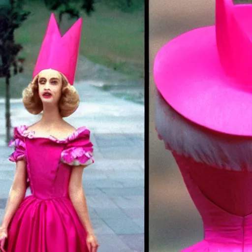 Image similar to an infallible princess wearing a pink dress and cone shaped hat, high resolution film still, live-action film by Tim Burton and Simon Langton