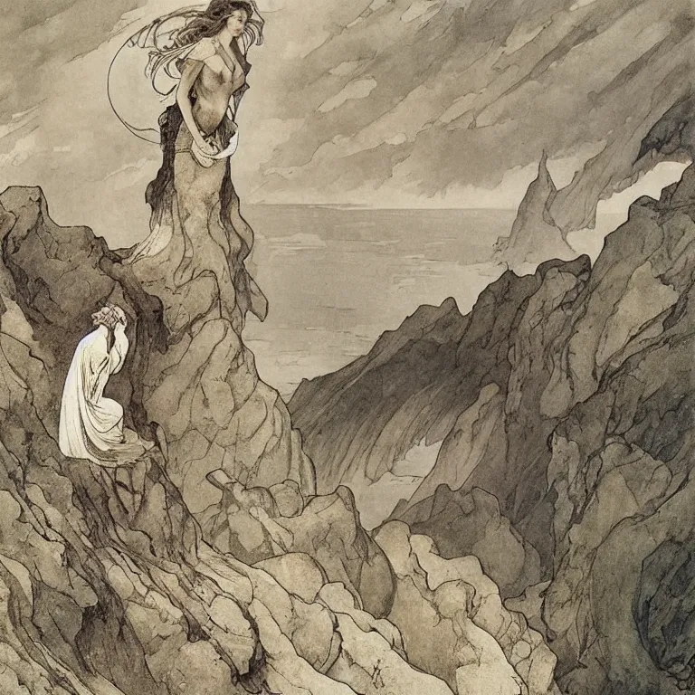 Image similar to A woman standing on a cliff, looking out at a storm Anton Pieck,Jean Delville, Amano,Yves Tanguy, Alphonse Mucha, Ernst Haeckel, Edward Robert Hughes,Stanisław Szukalski and Roger Dean