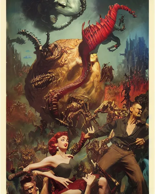 Prompt: 5 0 s monster movie poster, painted by ruan jia, raymond swanland, lawrence alma tadema, zdzislaw beksinski, norman rockwell, jack kirby, tom lovell, alex malveda, greg staples